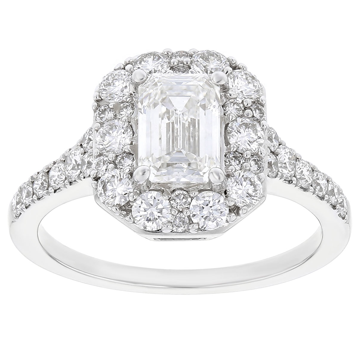 18K White Gold Emerald Cut Diamond Ring with Octagon Diamond Halo ...