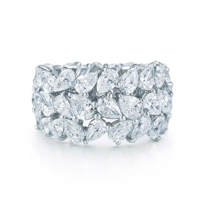 Kwiat Platinum Pear Shaped Diamond Cluster 3 Row Wedding Band