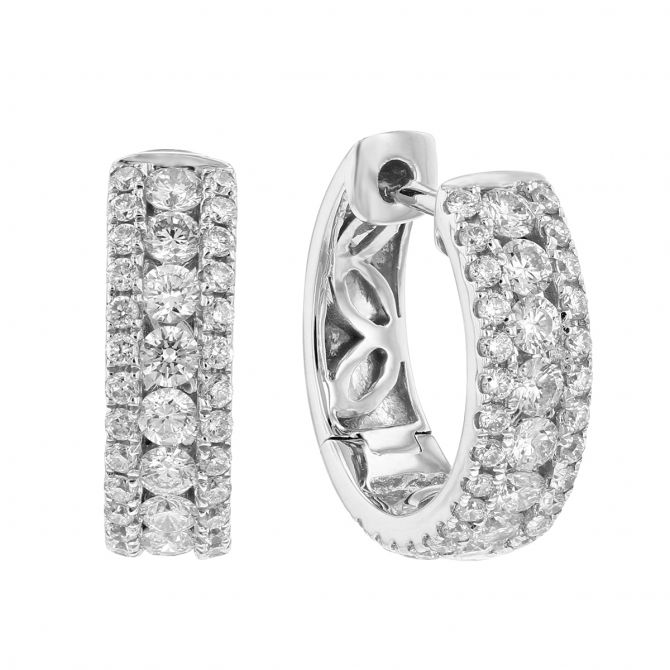 Diamond 3 Row Huggie Hoop Earrings in White Gold