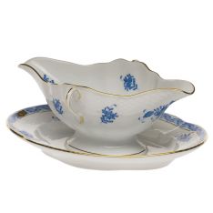 Herend Chinese Bouquet Blue Grey Boat with Fixed Stand