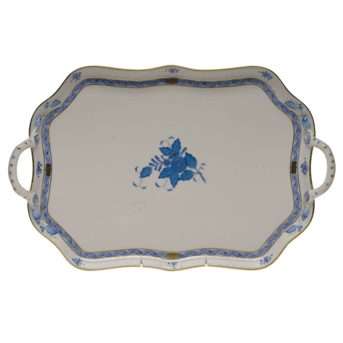 Herend Chinese Bouquet Blue Rectangular Tray with Branch Handles