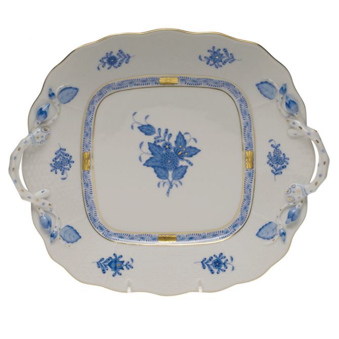 Herend Chinese Bouquet Blue Square Cake Plate with Handles